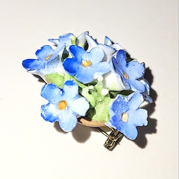 DENTON ENGLAND BLUE FORGET-ME-NOT CHINA BROOCH & EARRINGS SET - Picture 3 of 10
